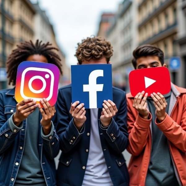 three people holding social media icons, demonstrating the opportunity to promote the hotel through social media