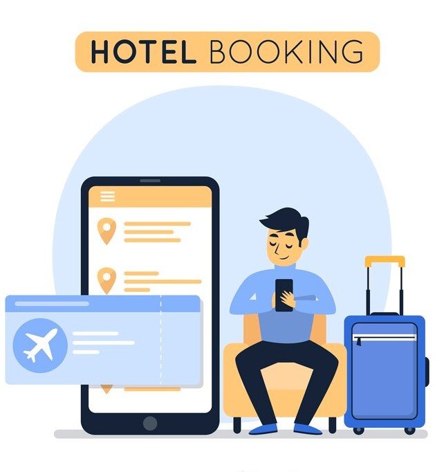 Illustration of a man with luggage and a phone, representing the hotel booking process.