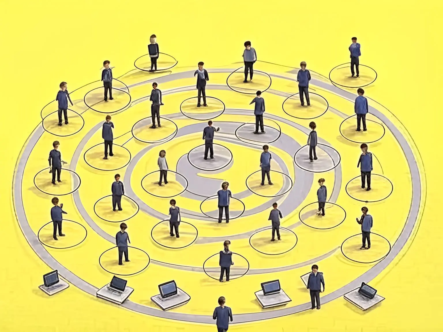 Isometric image showing people linked in a circle, representing the importance of connection in overcoming fragmentation challenges.