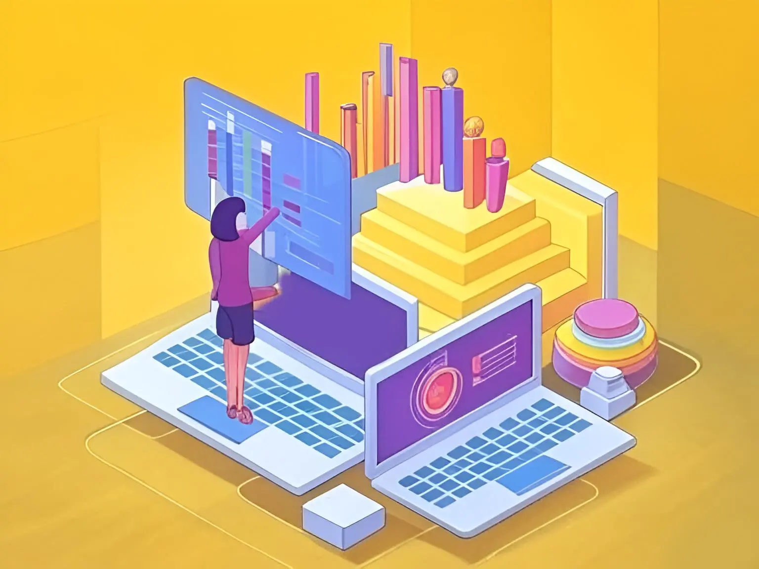 A woman stands on a laptop displaying a graph, symbolizing the challenges of fragmented customer journeys.