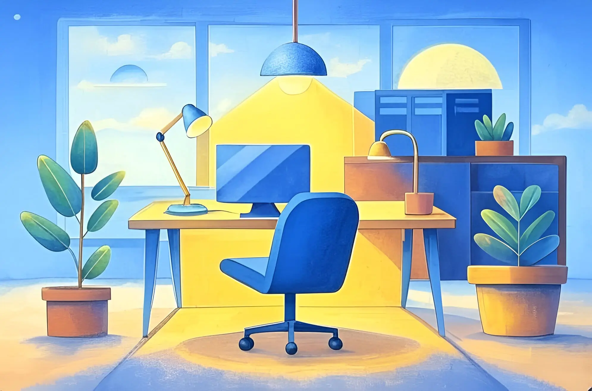 A painting of a desk and chair in a hotel room, set against a window that lets in natural light.